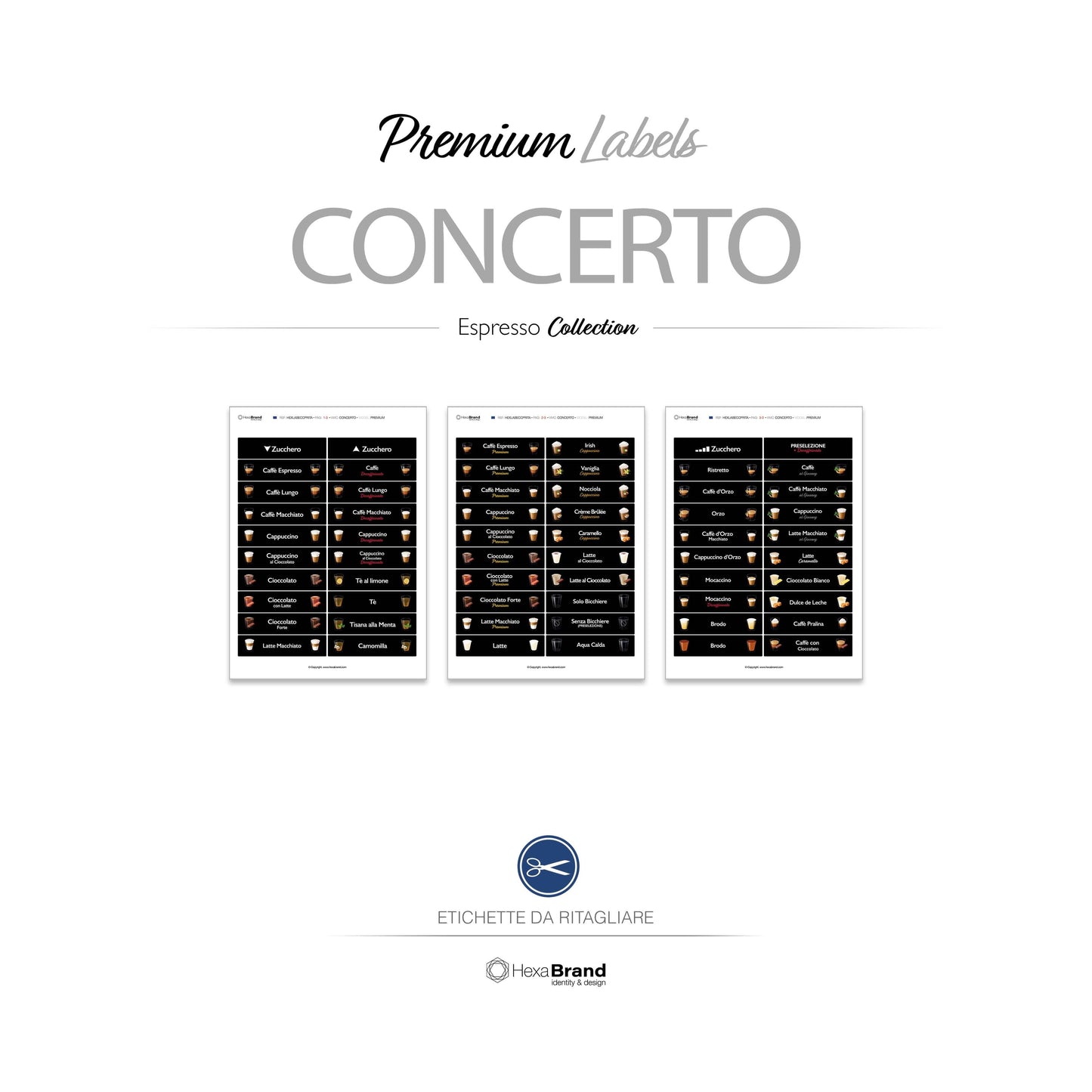Etichette da ritagliare per distributori automatici di caffè Necta Concerto. Design Premium