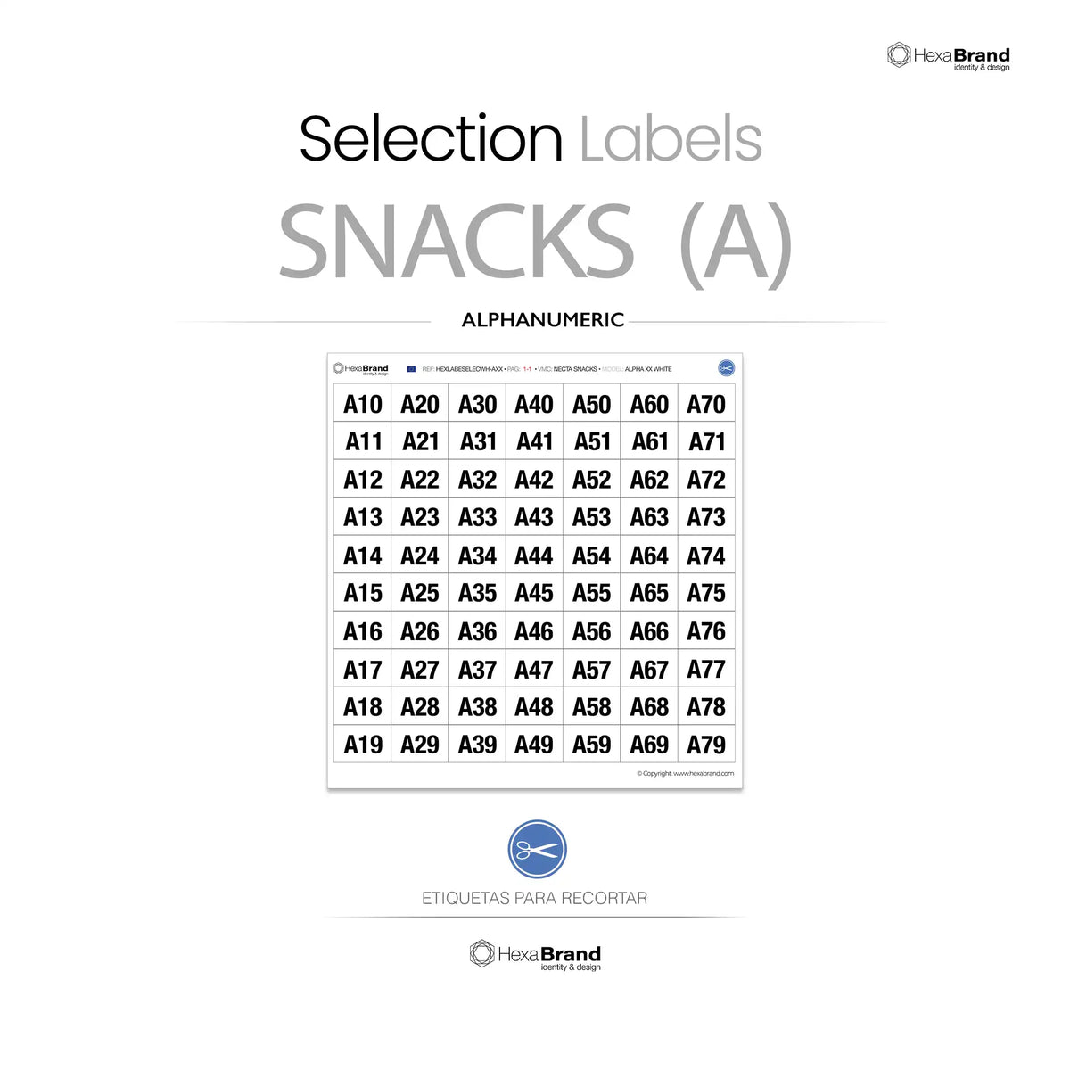 Etichette dei numeri di selezione alfanumeriche da ritagliare per distributori automatici di snack. Design White