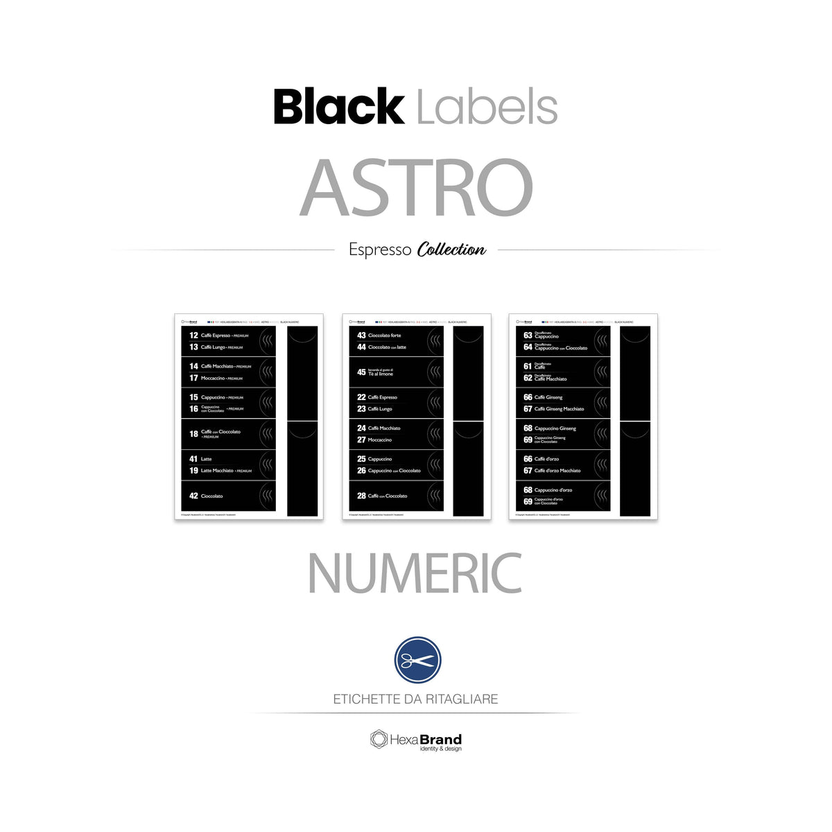 Etichette retroilluminabili da ritagliare per distributori automatici di caffè Necta Astro. Design Black Numeric