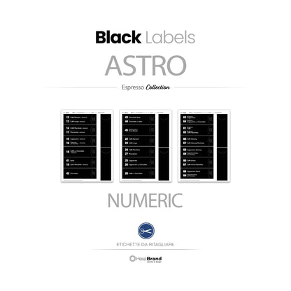 Etichette retroilluminabili da ritagliare per distributori automatici di caffè Necta Astro. Design Black Numeric