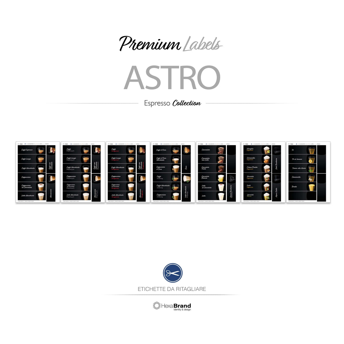 Etichette retroilluminabili da ritagliare per distributori automatici di caffè Necta Astro. Design Premium