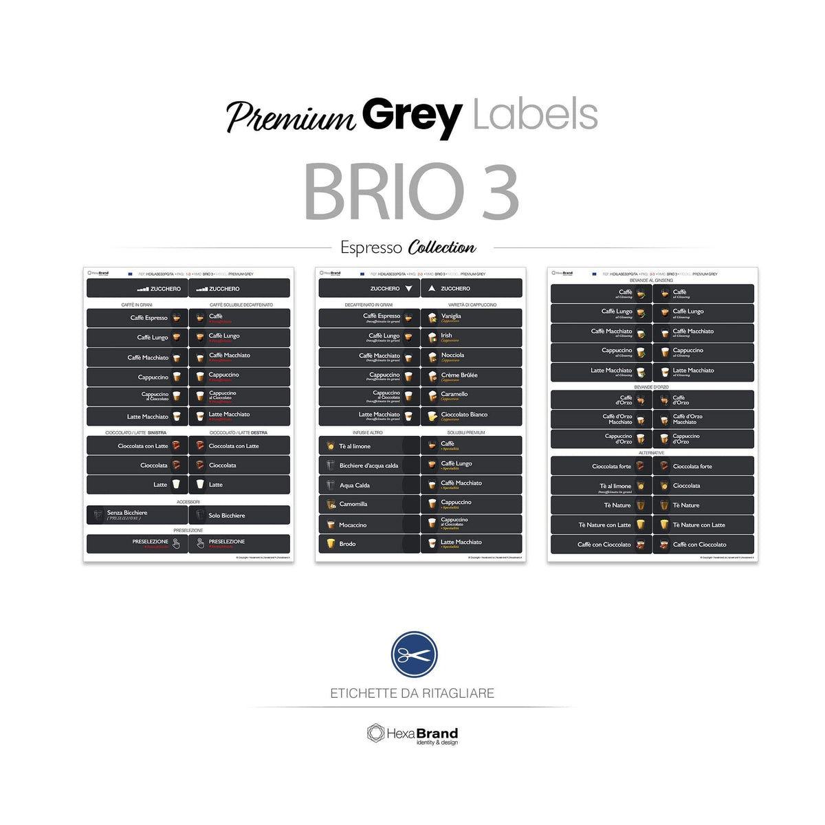 Etichette da ritagliare per distributori automatici di caffè Necta Brio 3. Design Premium Grey