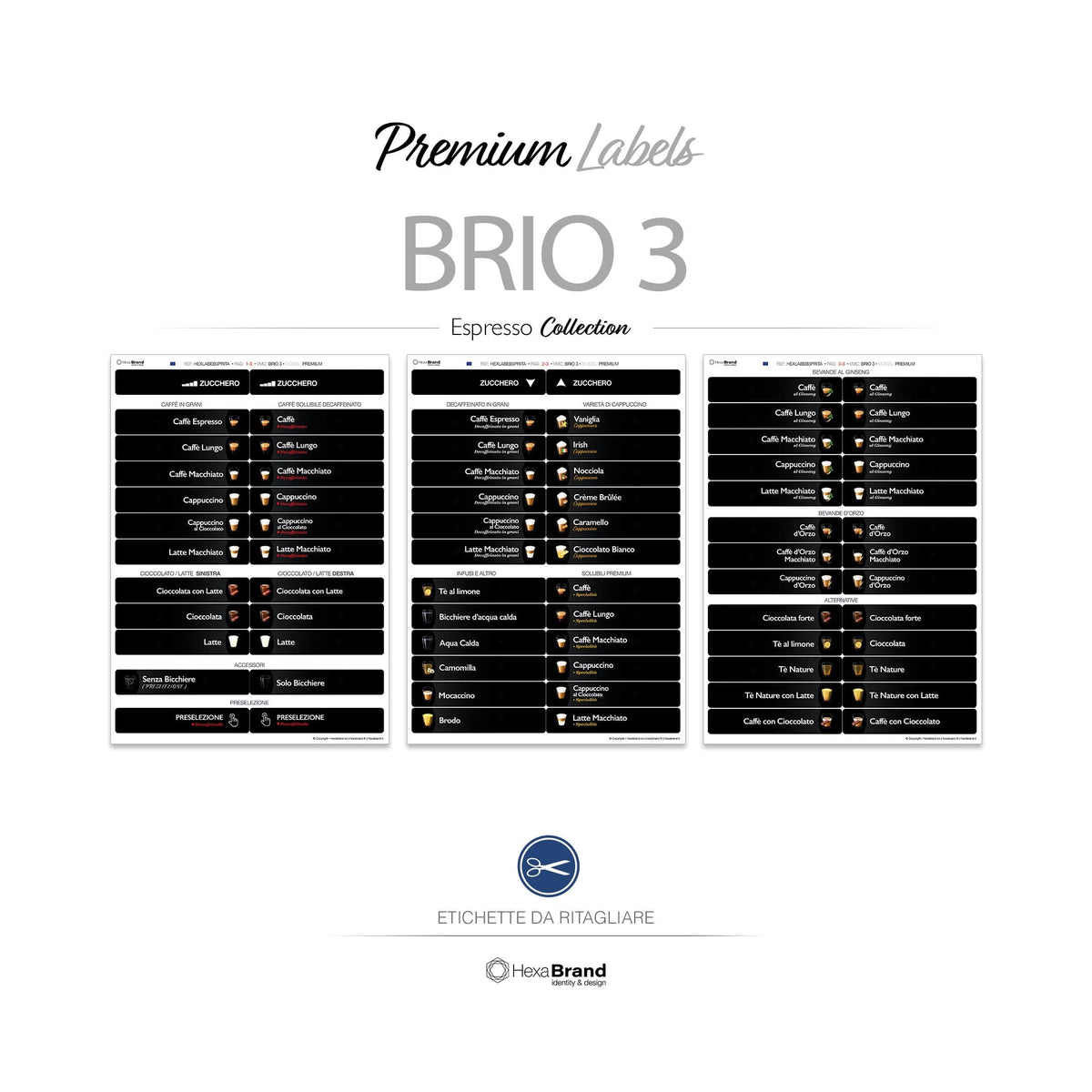 Etichette da ritagliare per distributori automatici di caffè Necta Brio 3. Design Premium