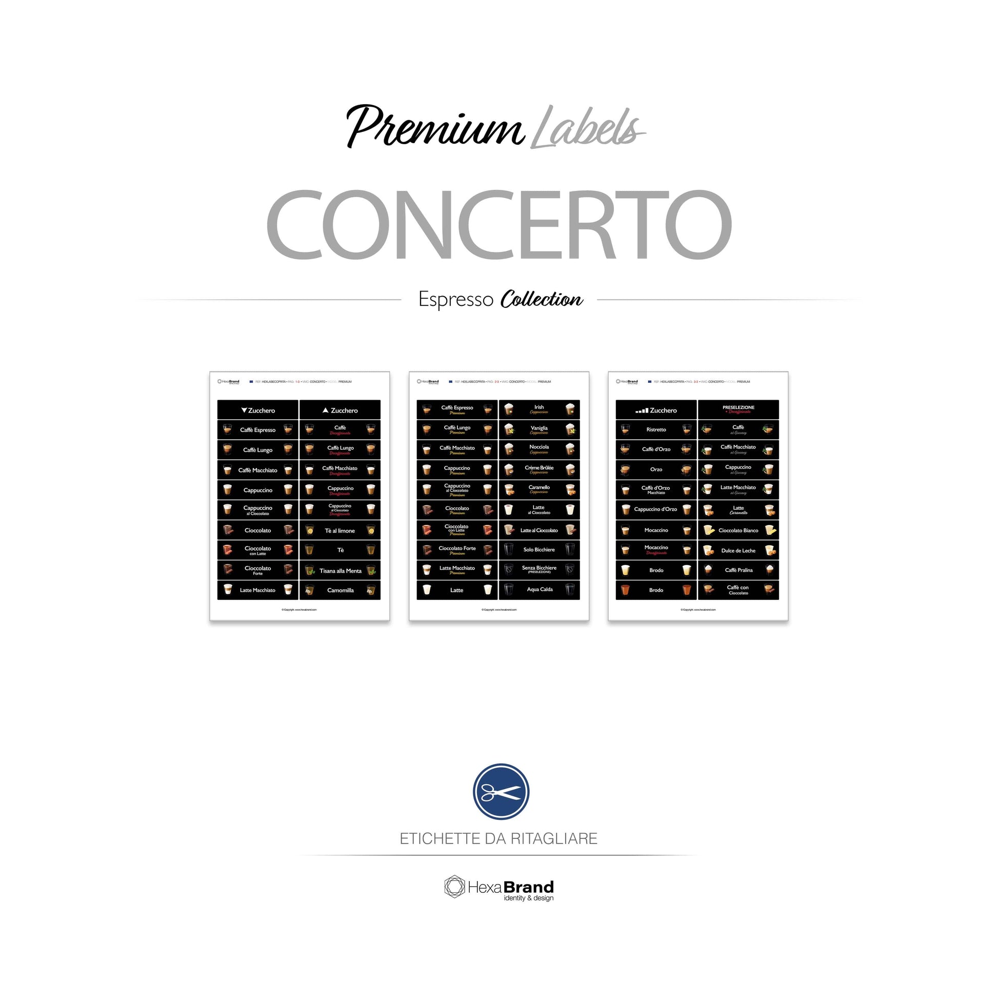 Etichette da ritagliare per distributori automatici di caffè Necta Concerto. Design Premium