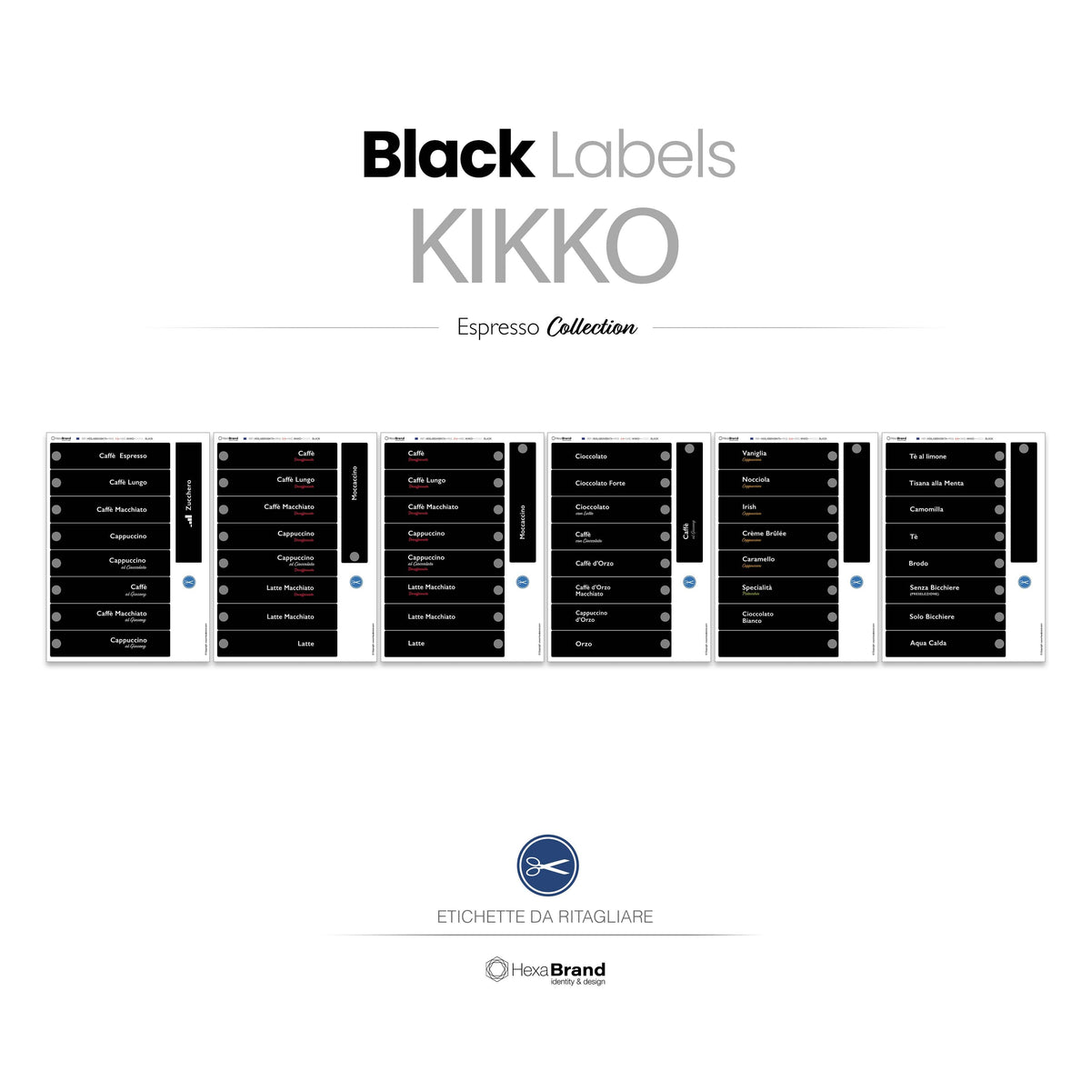 Etichette da ritagliare per distributori automatici di caffè Necta Kikko. Design Black