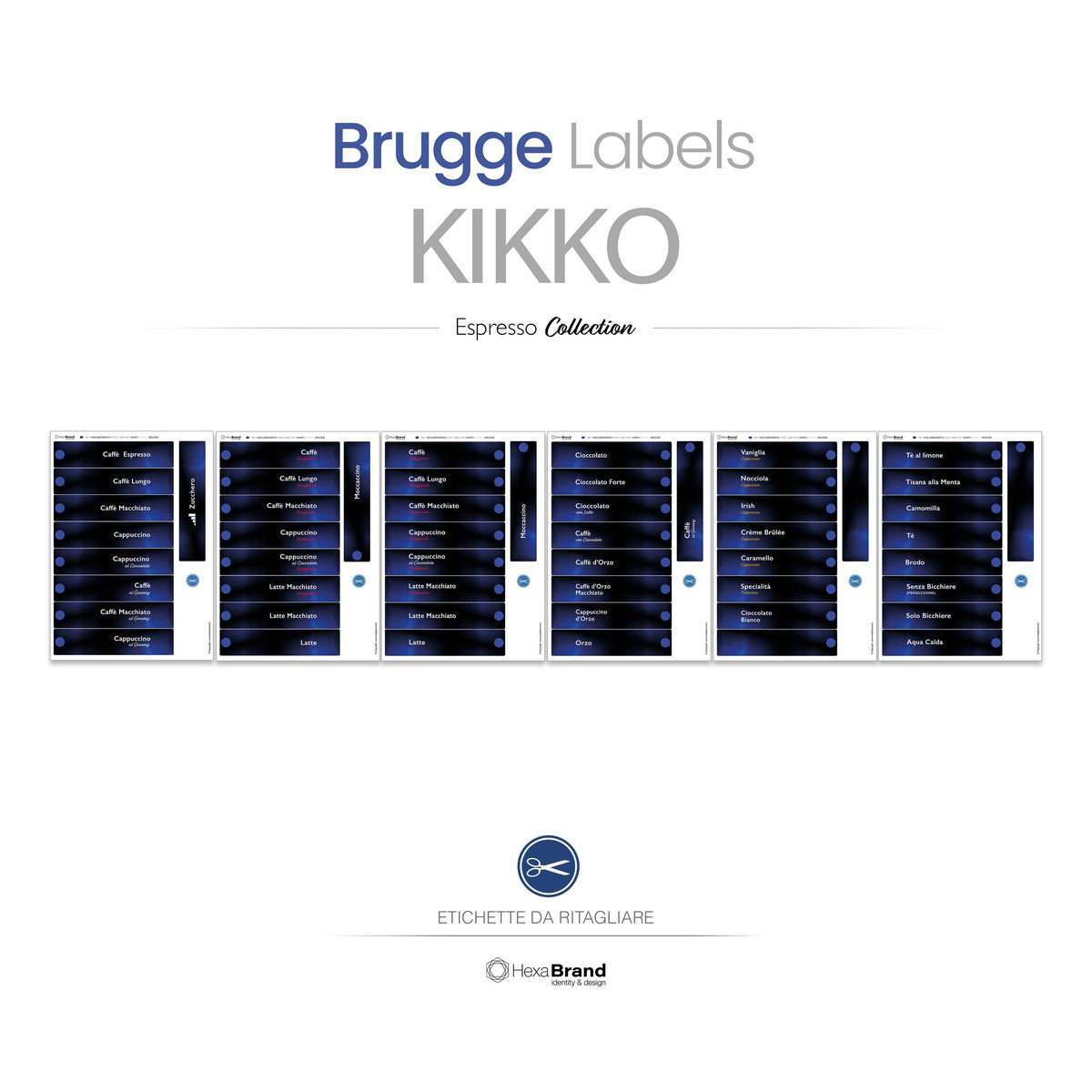 Etichette da ritagliare per distributori automatici di caffè Necta Kikko. Design Brugge