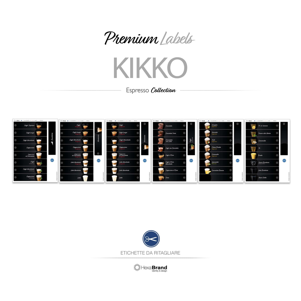 Etichette da ritagliare per distributori automatici di caffè Necta Kikko. Design Premium