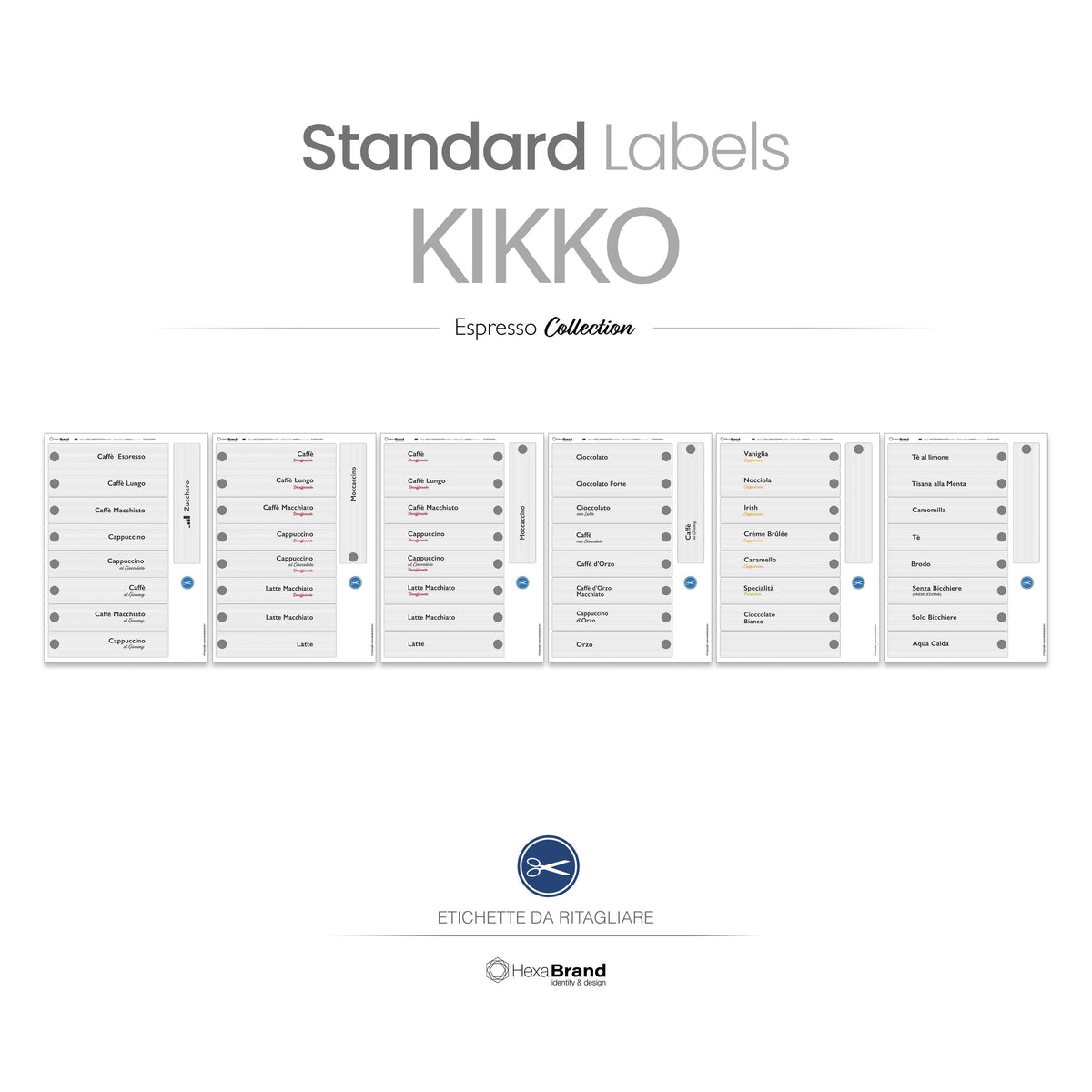 Etichette da ritagliare per distributori automatici di caffè Necta Kikko. Design Standard