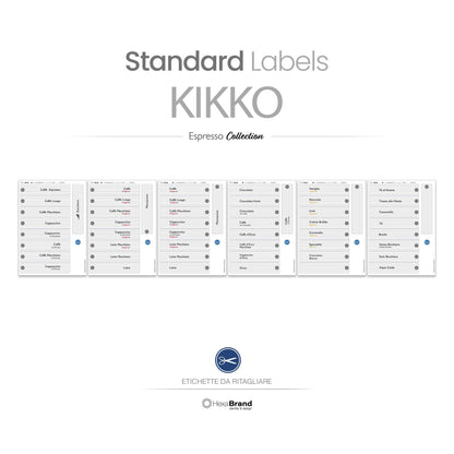 Etichette da ritagliare per distributori automatici di caffè Necta Kikko. Design Standard