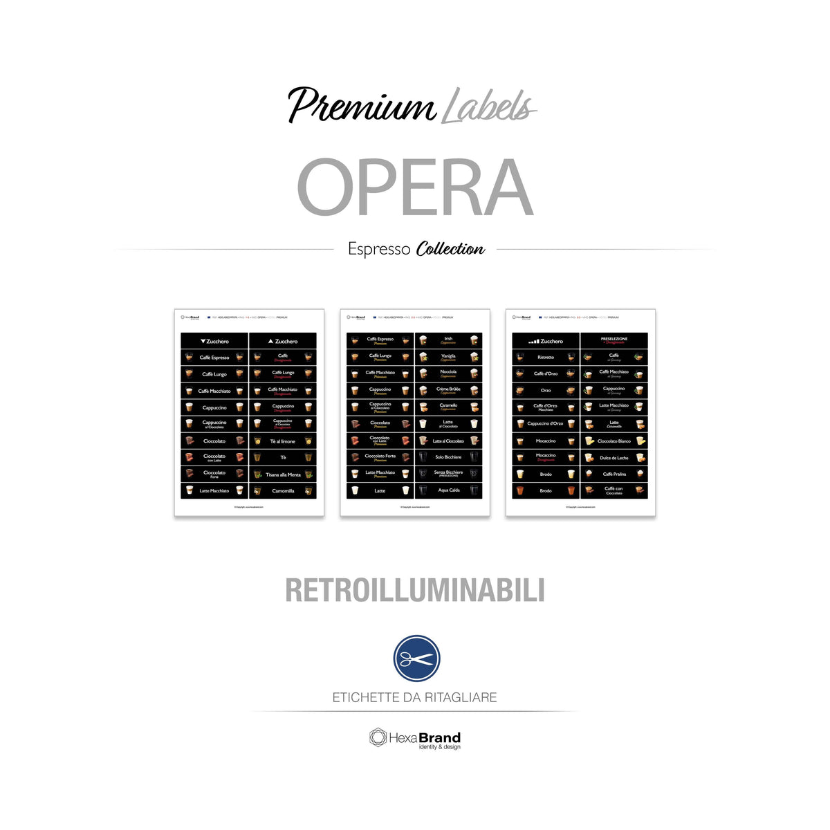 Etichette retroilluminabili da ritagliare per distributori automatici di caffè Necta Opera. Design Premium