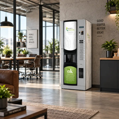 Distributore automatico Bianchi Lei 400 con kit di adesivi in vinile Premium White  installato in un ufficio moderno.