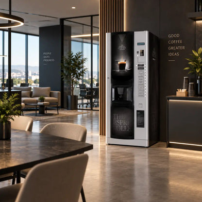 Distributore automatico Bianchi Lei 600 con kit di adesivi in vinile Time & Flavour installato in un ufficio moderno.
