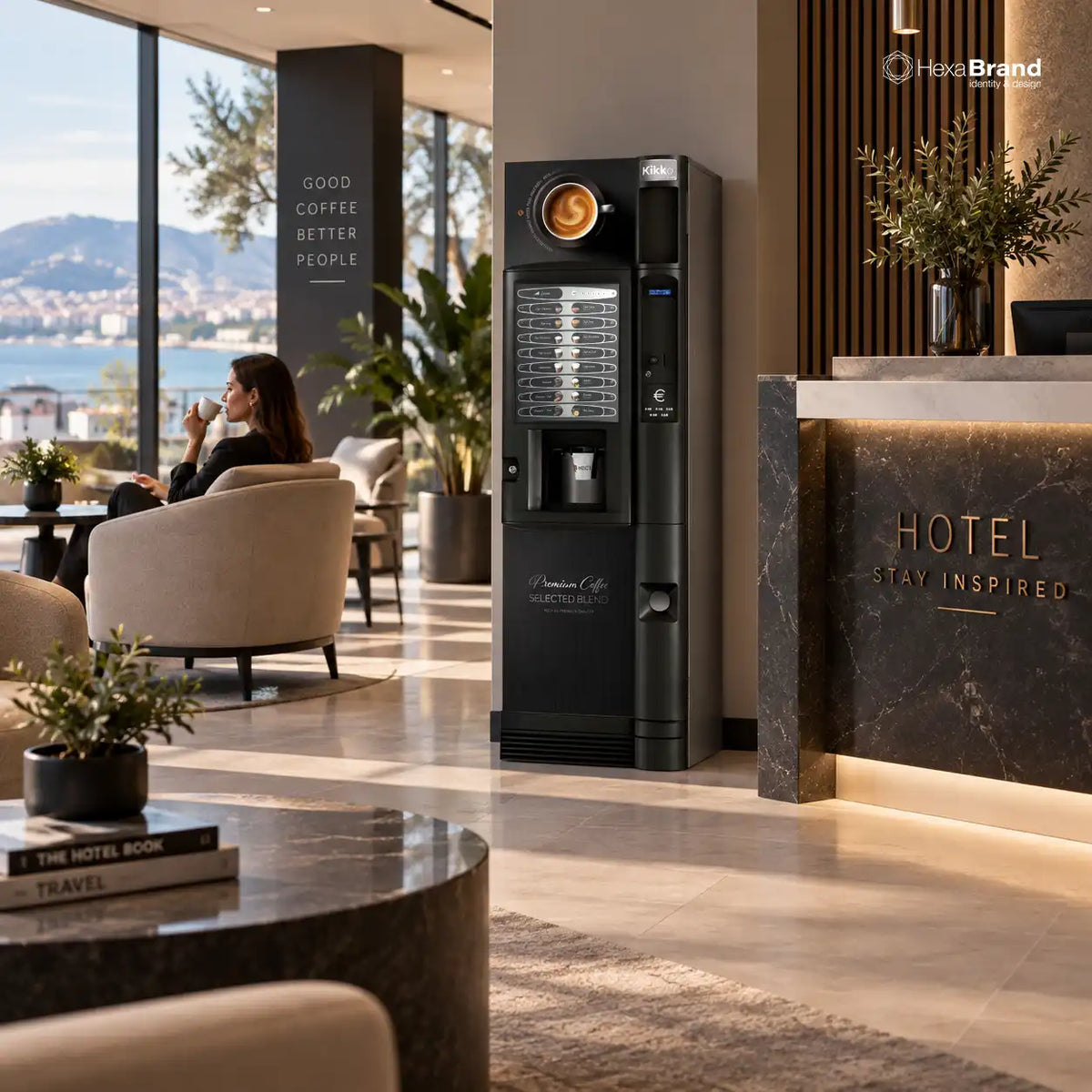 Kit di adesivi in vinile per distributore automatico Necta Kikko Inox Print . Immagine della macchina installata in un hotel.