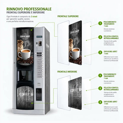 Elementi del kit Professional per il rinnovo del distributore automatico Bianchi Lei 400 con pannelli frontali e adesivi laterali. Coffee Shop