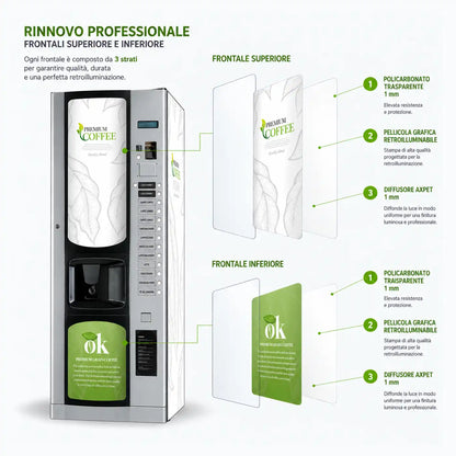 Elementi del kit Professional per il rinnovo del distributore automatico Bianchi Lei 400 con pannelli frontali e adesivi laterali. Premium White