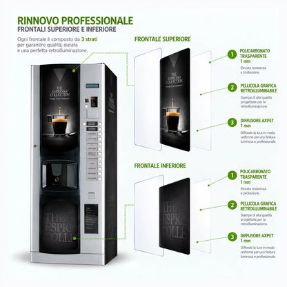 Elementi del kit Professional per il rinnovo del distributore automatico Bianchi Lei 400 con pannelli frontali e adesivi laterali. Coffee Shop